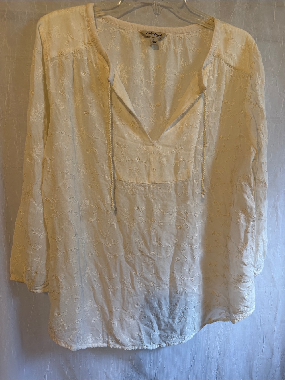 Lucky Brand Cream Embroidered V-Neck Peasant Blouse
